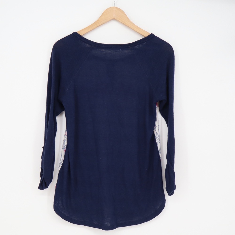 Rewind Womens Navy Blue Pink Geometric Chevron Henley Mixed Media Top M - Picture 4 of 5
